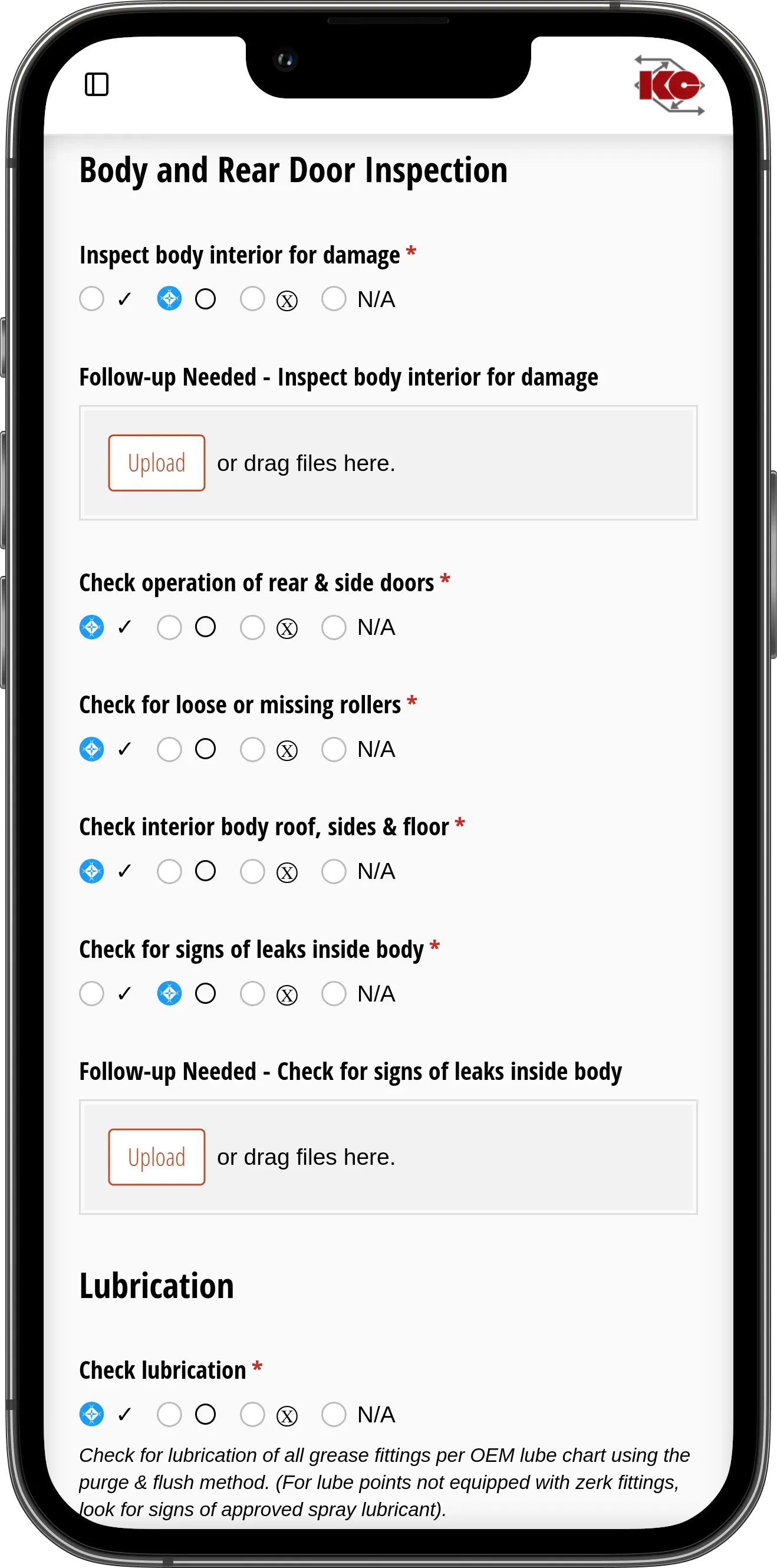 KACE Group digital inspection portal screenshot