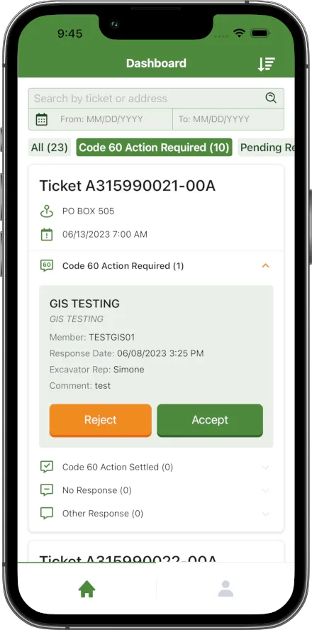 A screenshot of the scheduling tickets mobile app